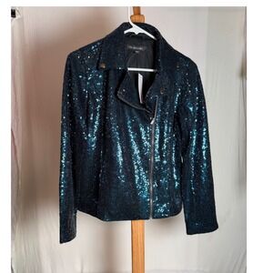 Colleen Lopez Womens Sequin Moto Jacket Teal Black Asymmetrical Zip XS New
